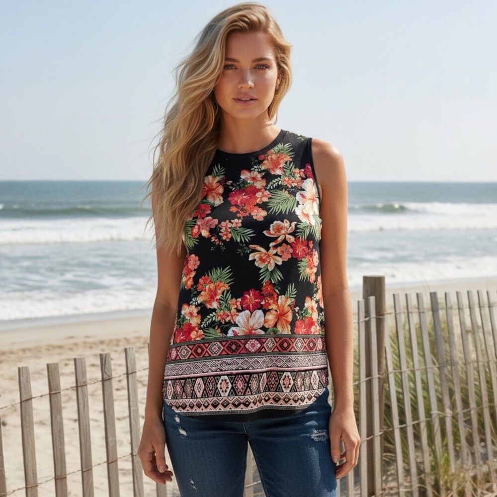 Apt. 9 Size Large Botanical Print Sleeveless Top Tropical Floral Shirt Vacay